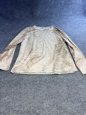 Floral Embossed Long Sleeve Crewneck Top in Beige